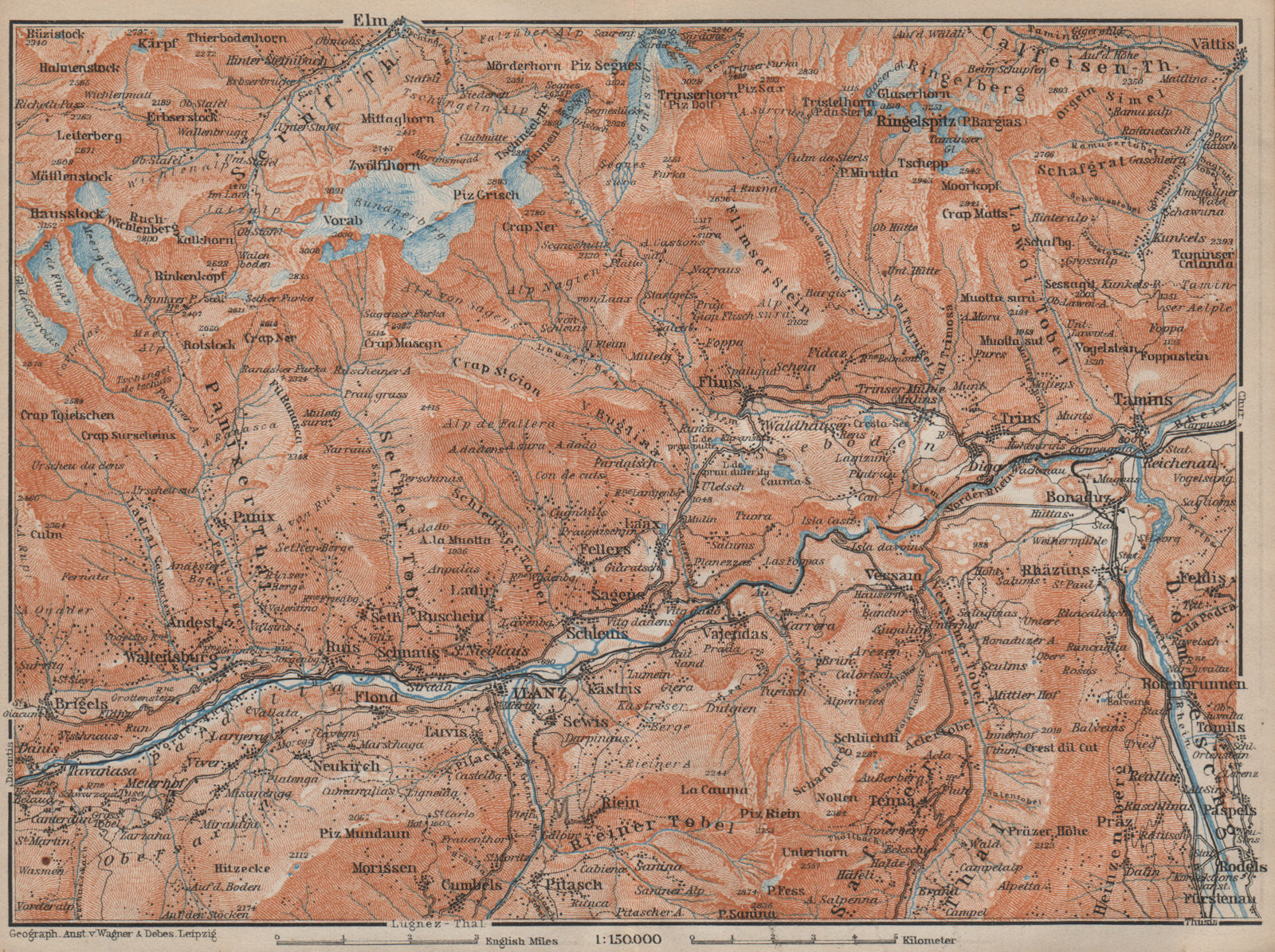 ILANZ & FLIMS AREA. Laax Obersaxen Mundaun Brigels Waltensburg Tamins 1913 map